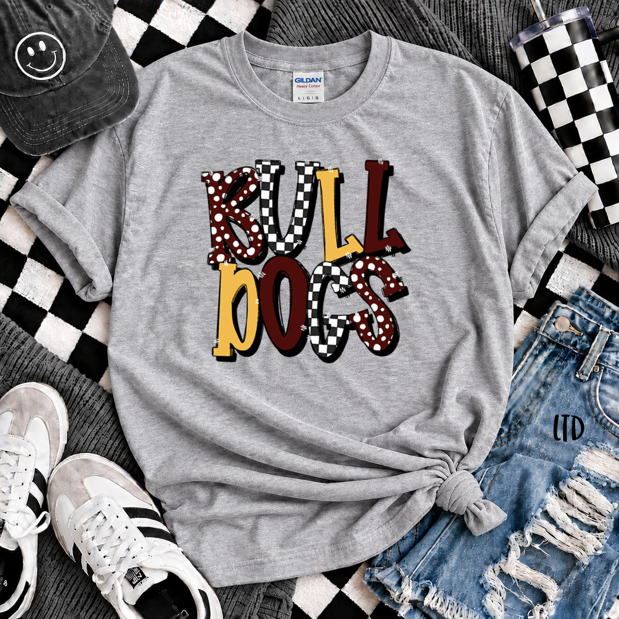Dot Dot Check Mix Mascots Bulldogs Maroon Yellow Gold design