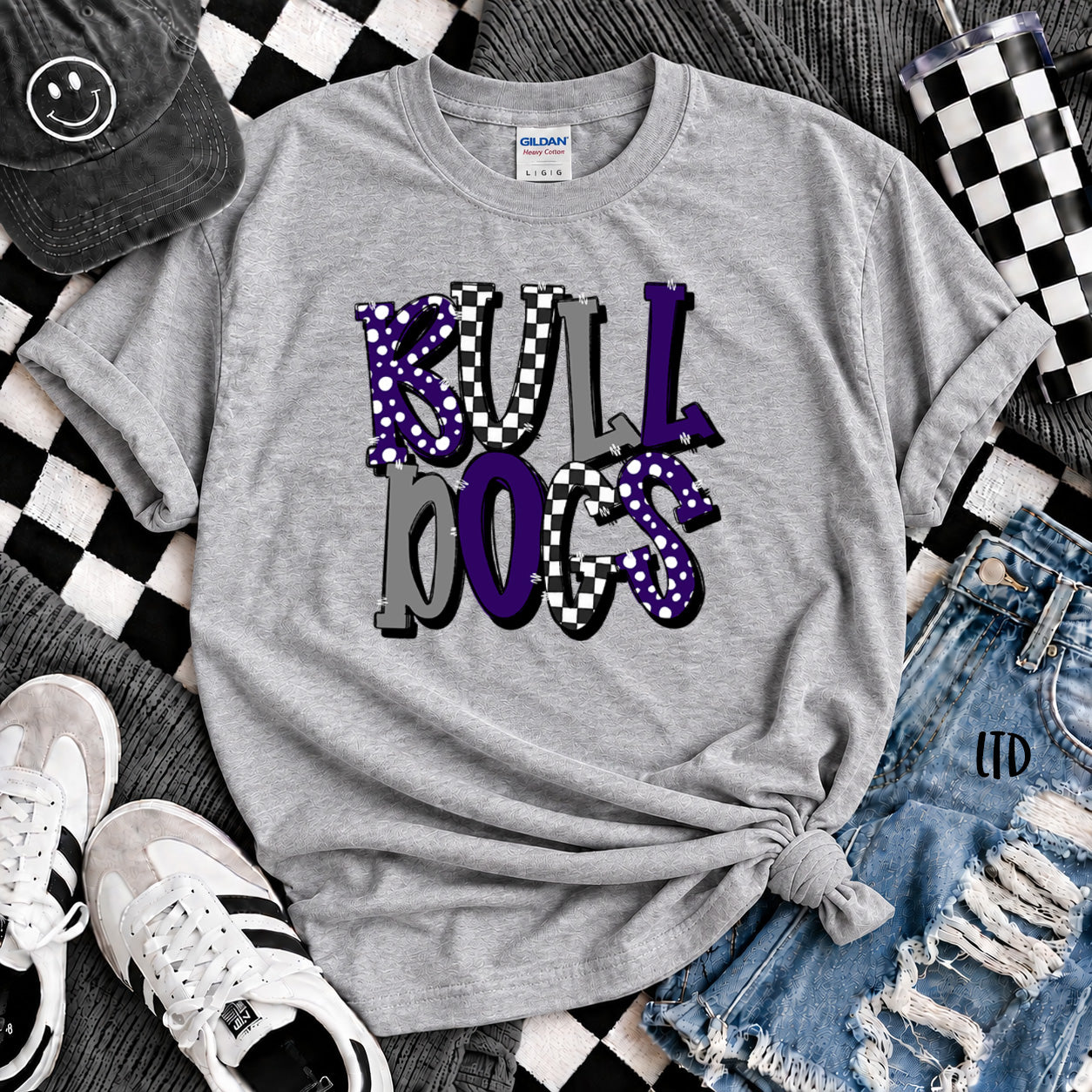 Dot Dot Check Mix Mascots Bulldogs Purple White Black Gray design