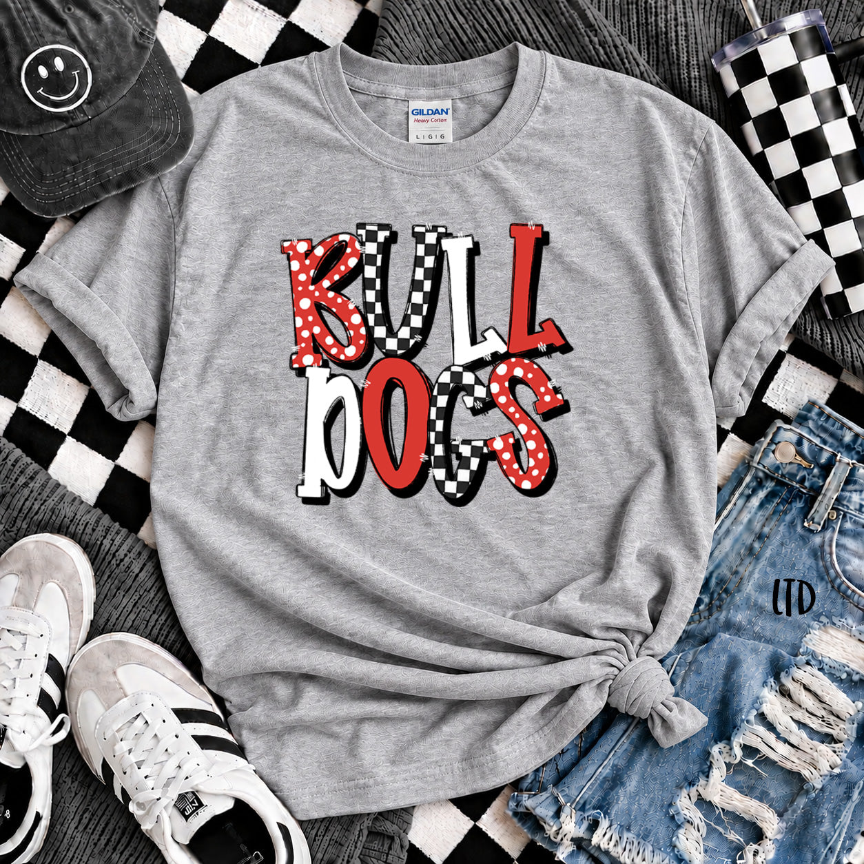 Dot Dot Check Mix Mascots Bulldogs Red Black White design