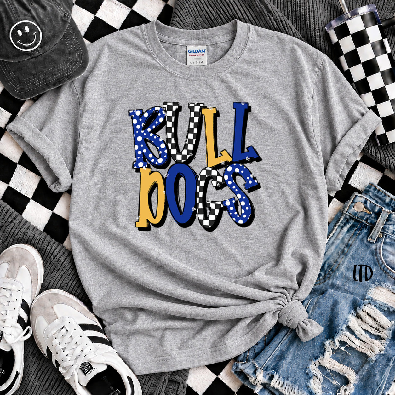 Dot Dot Check Mix Mascots Bulldogs Royal Blue Yellow Gold design