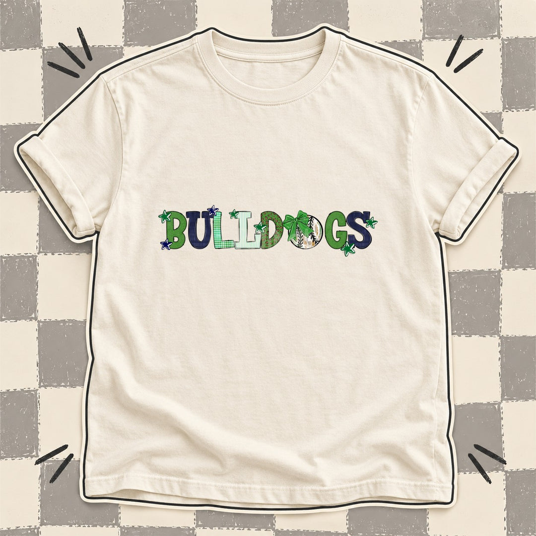 Bulldogs Green Navy White Mixed Doodle Baseball Mascots – Mascot Colors DTF transfer mockup