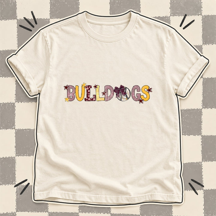 Bulldogs Maroon Yellow Gold Mixed Doodle Baseball Mascots – Mascot Colors DTF transfer mockup