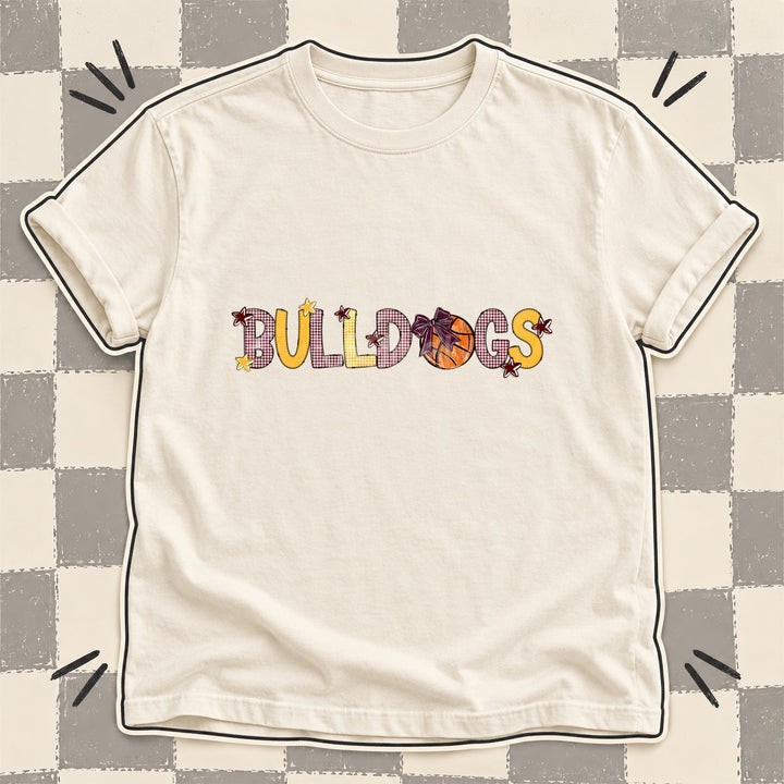 Bulldogs Maroon Yellow Gold Mixed Doodle Basketball Mascots – Mascot Colors DTF transfer mockup