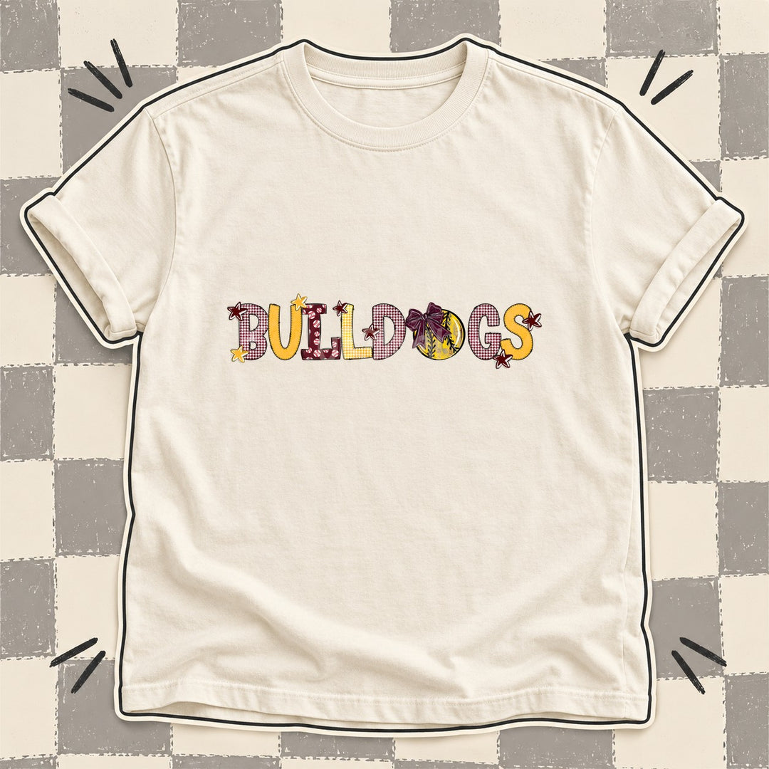 Bulldogs Maroon Yellow Gold Mixed Doodle Softball Mascots – Mascot Colors DTF transfer mockup