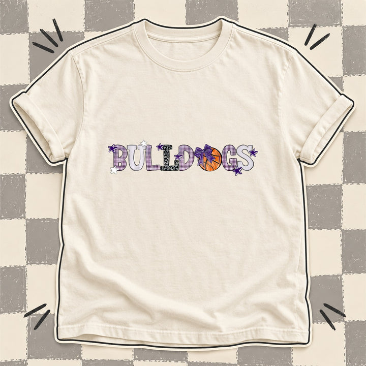 Bulldogs Purple White Black Gray Mixed Doodle Basketball Mascots – Mascot Colors DTF transfer mockup