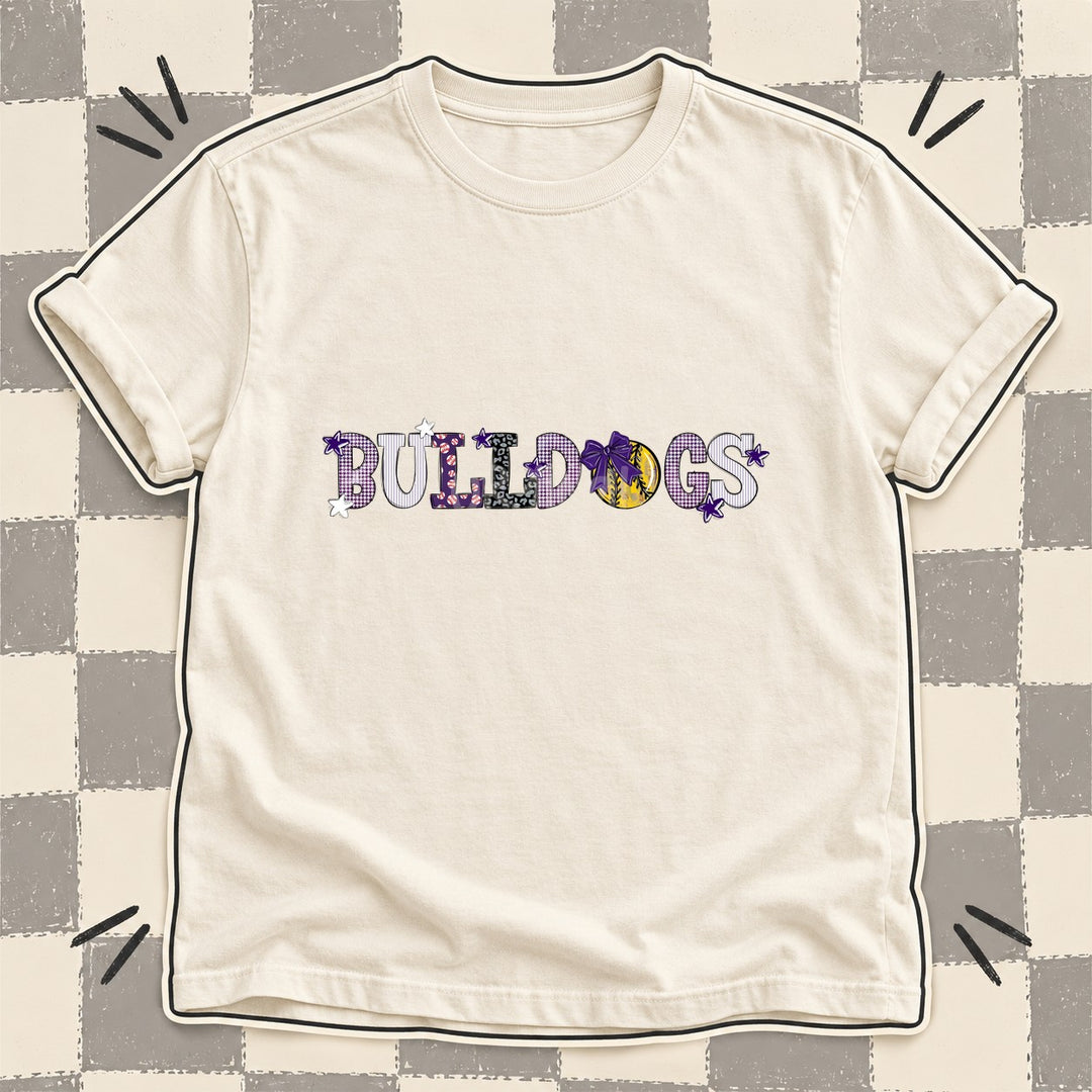 Bulldogs Purple White Black Gray Mixed Doodle Softball Mascots – Mascot Colors DTF transfer mockup