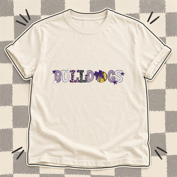 Bulldogs Purple White Black Gray Mixed Doodle Softball Mascots – Mascot Colors DTF transfer mockup
