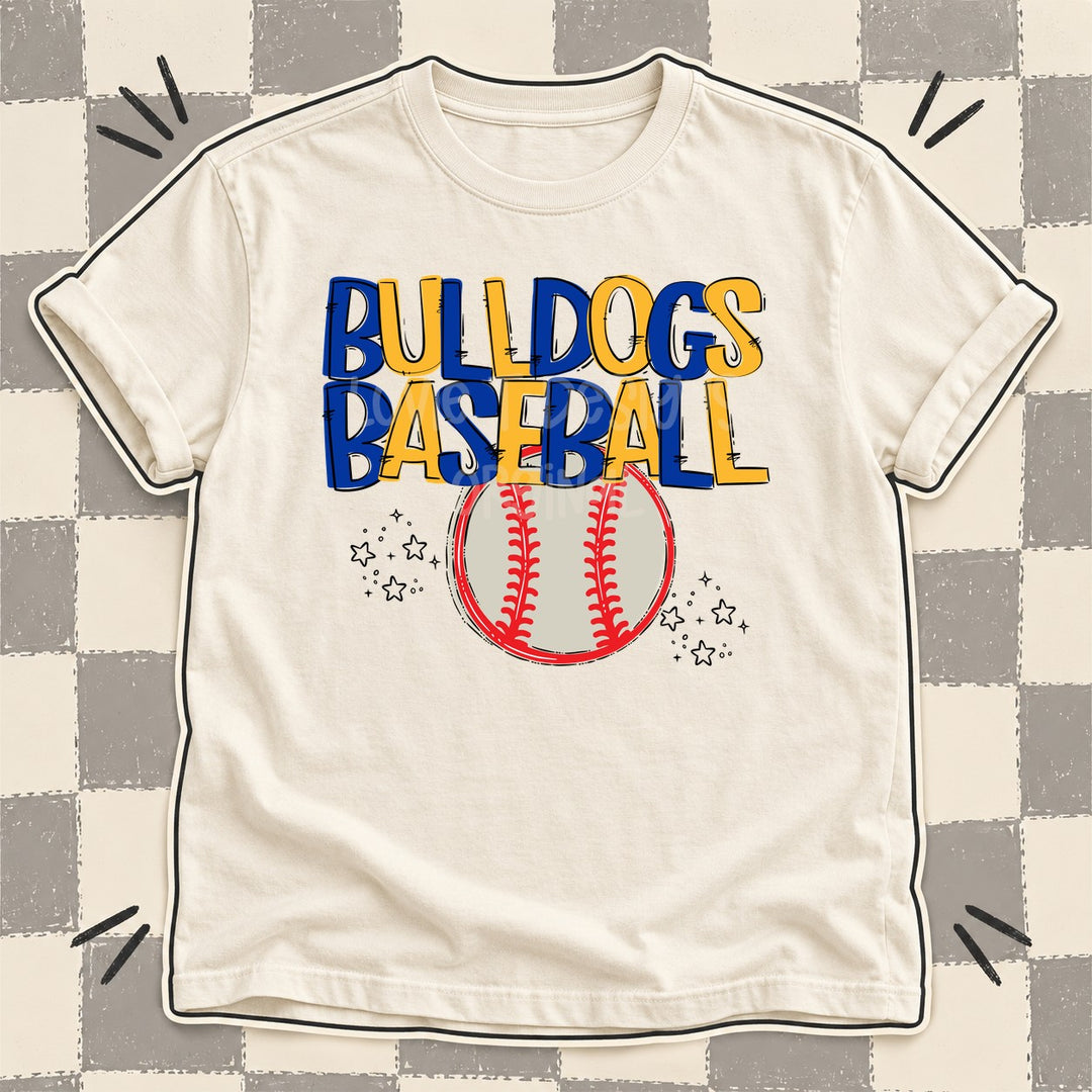 Bulldogs Royal Blue Yellow Gold Team Go Baseball Mascots DTF transfer mockup