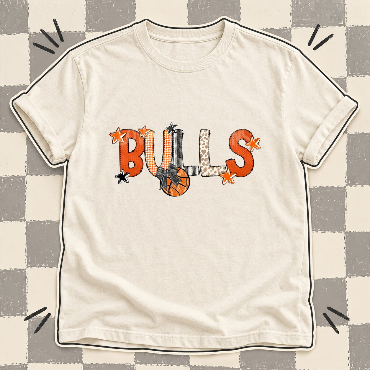 Mixed Doodle Basketball Mascots – Hoops Houndstooth Bulls design