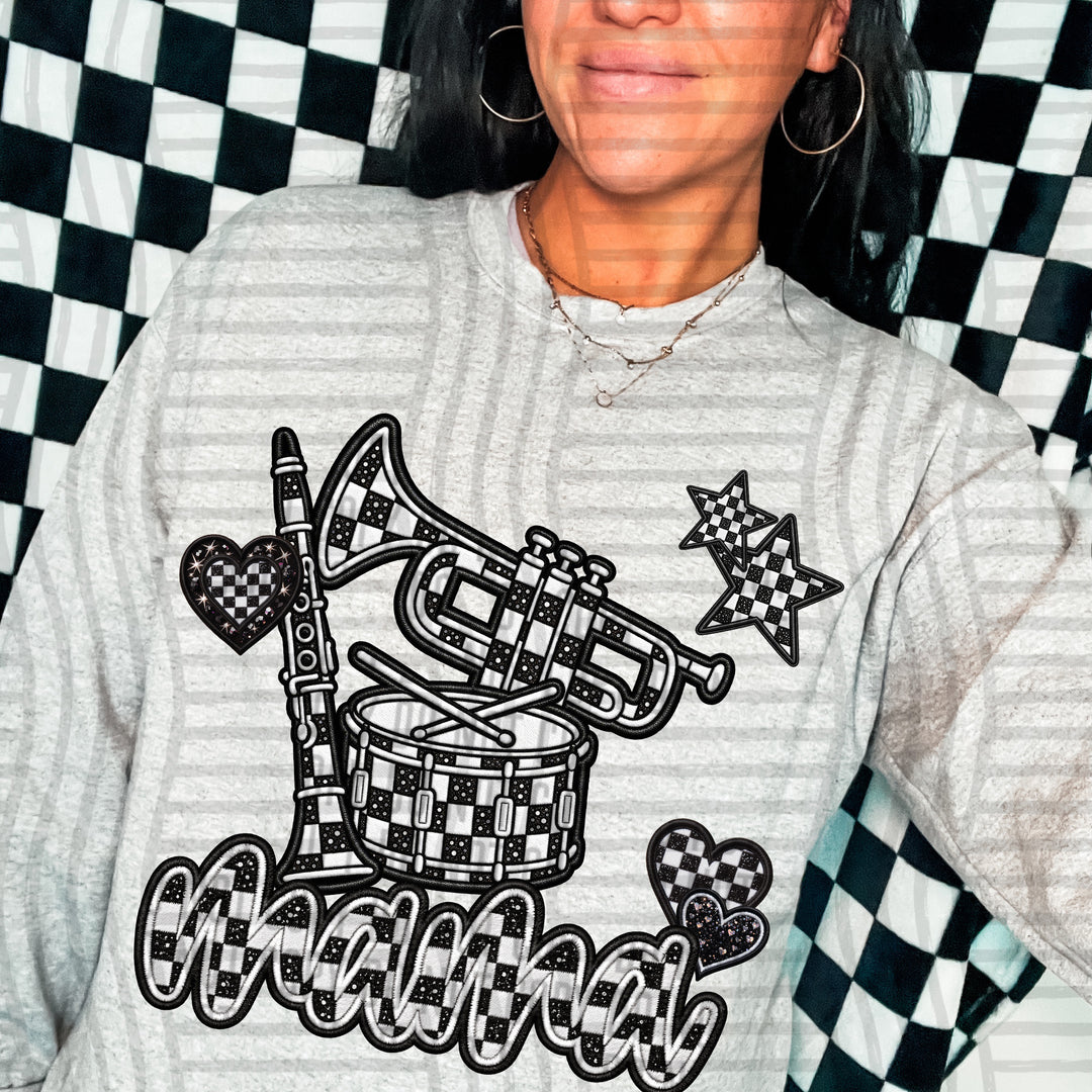 Band Checkered Sports Mama DTF transfer pressed on a tee
