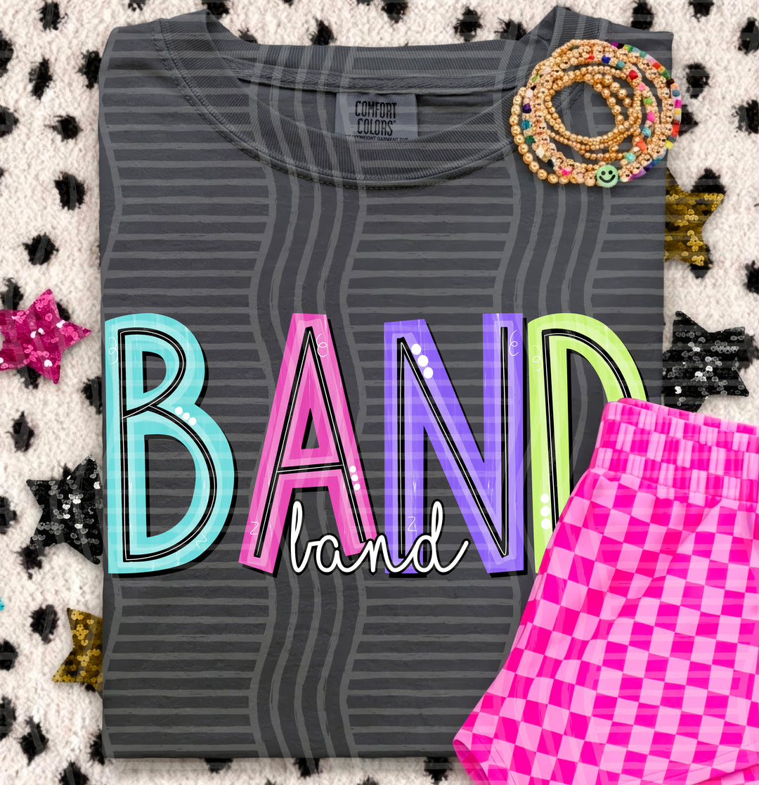 Band Game Day Doodles DTF transfer pressed on a tee