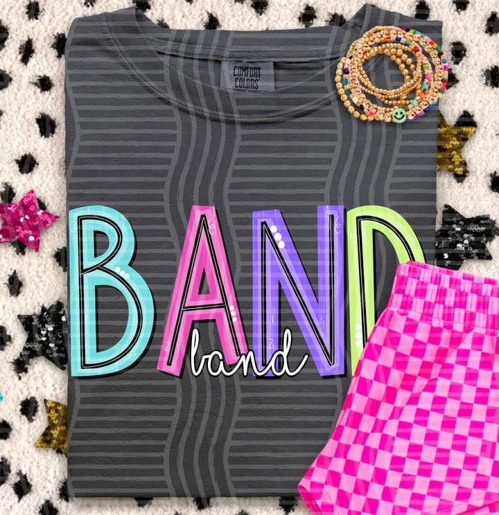 Band Game Day Doodles DTF transfer pressed on a tee