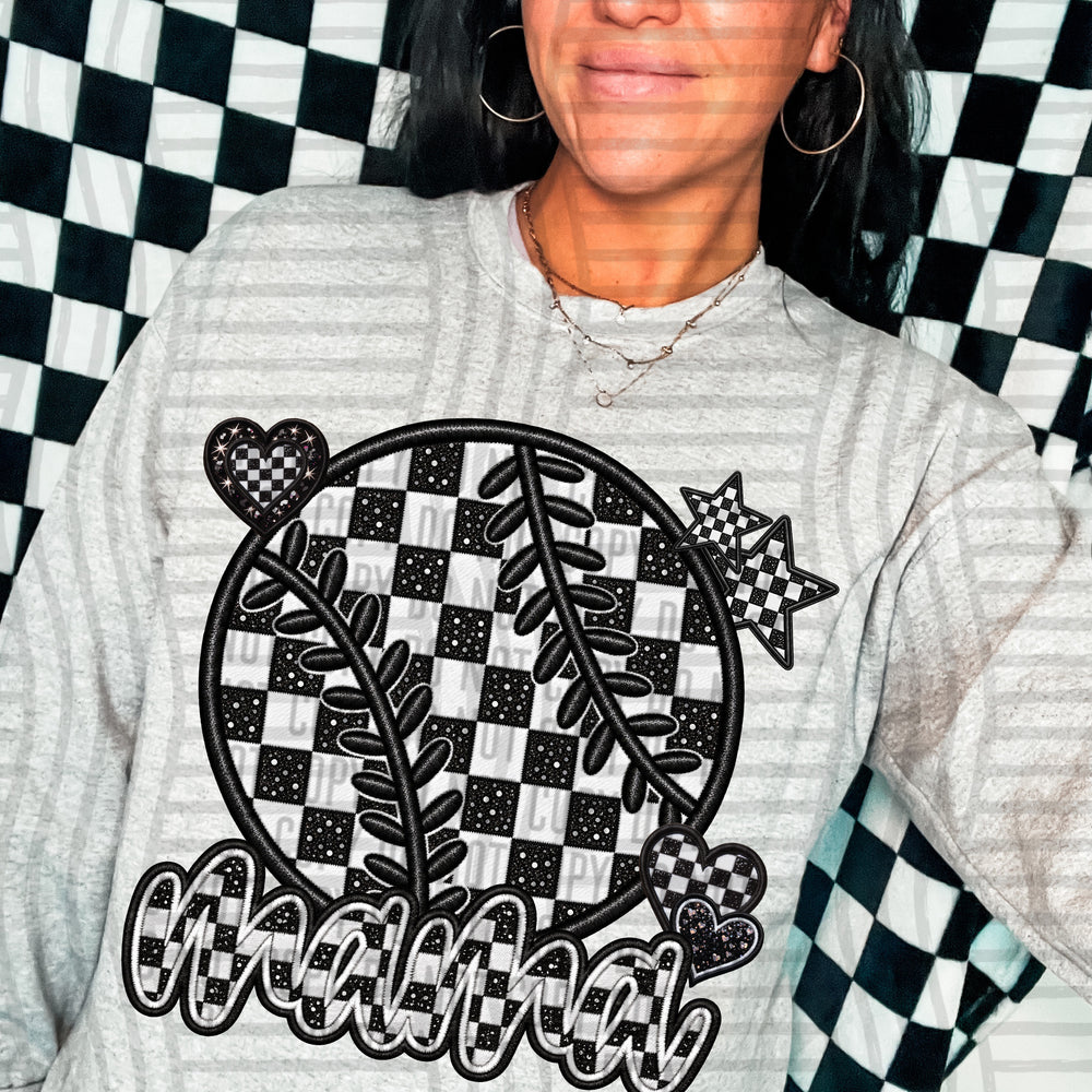 Baseball Checkered Sports Mama DTF transfer pressed on a tee