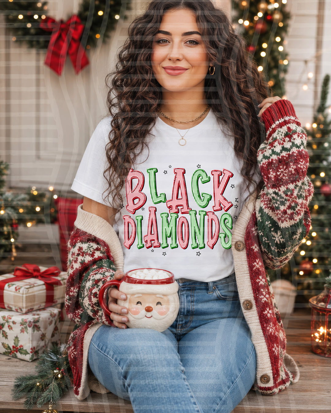 Black Diamonds Red and Green Christmas Seersucker Mascots DTF transfer