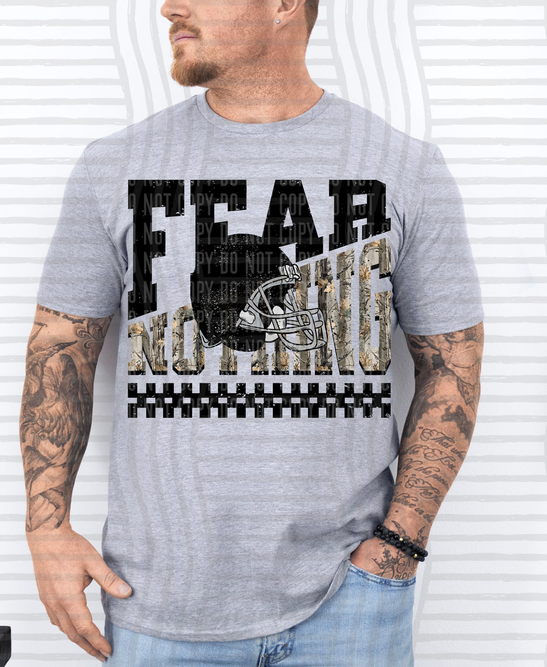 Black Fear Nothing Helmet DTF transfer pressed on a tee