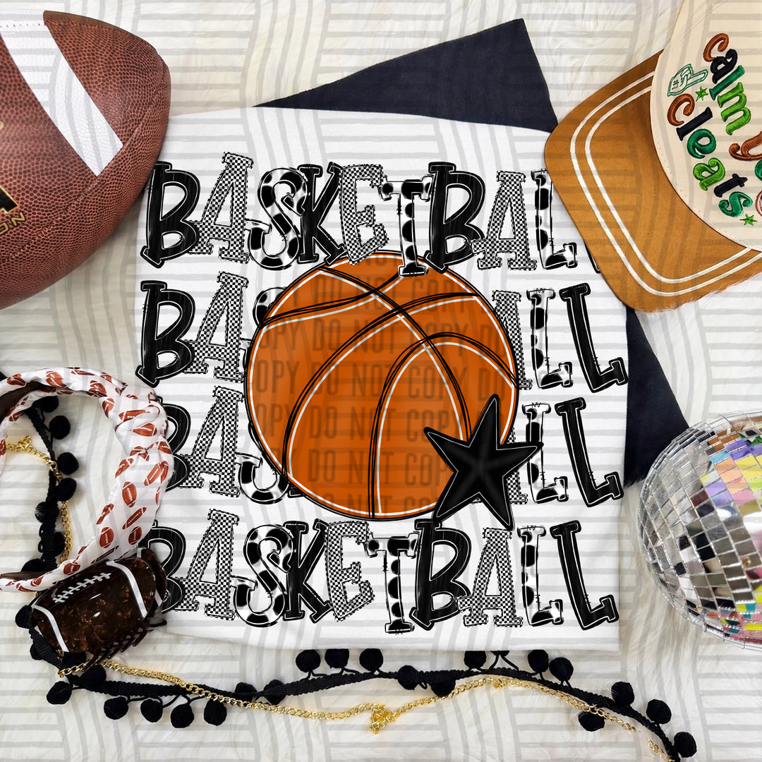Black Quad Stacked Basketball DTF transfer on a white tee