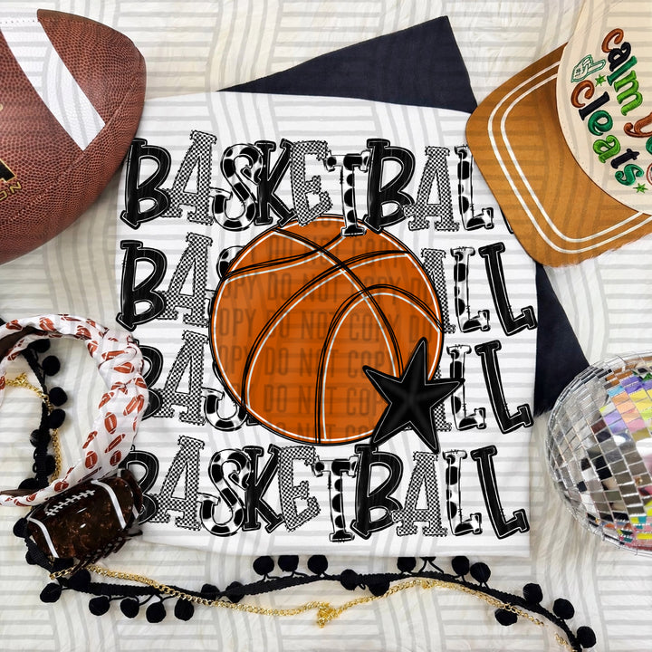Black Quad Stacked Basketball DTF transfer on a white tee