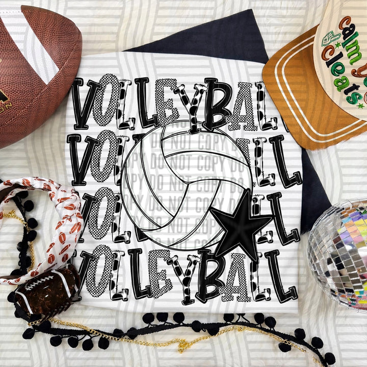 Black Quad Stacked Volleyball DTF transfer on a white tee