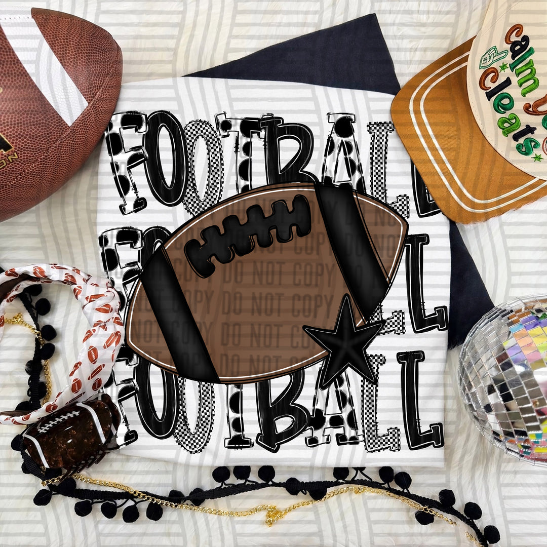 Black Tri Stacked Football DTF transfer on a white tee