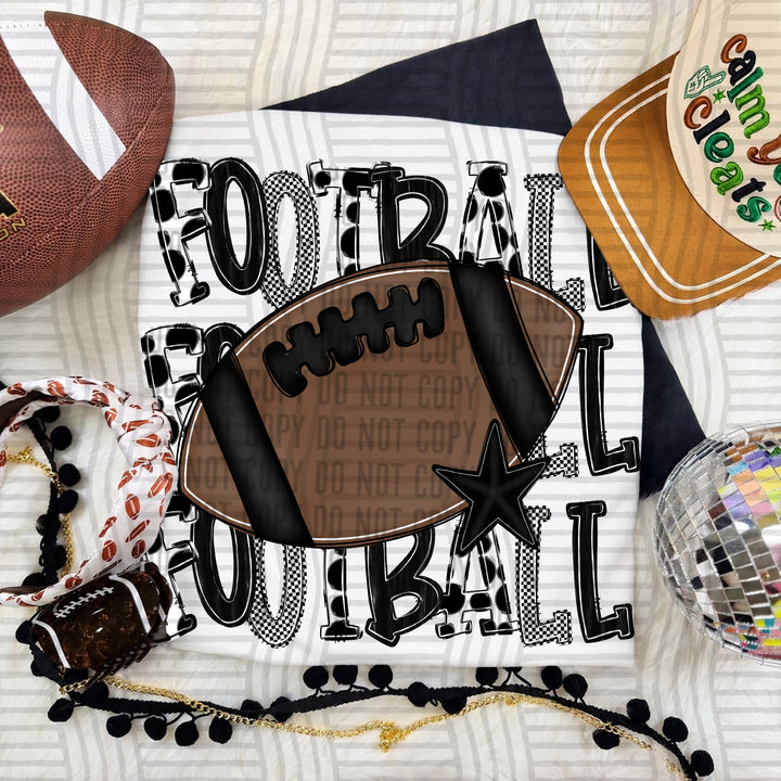 Black Tri Stacked Football DTF transfer on a white tee