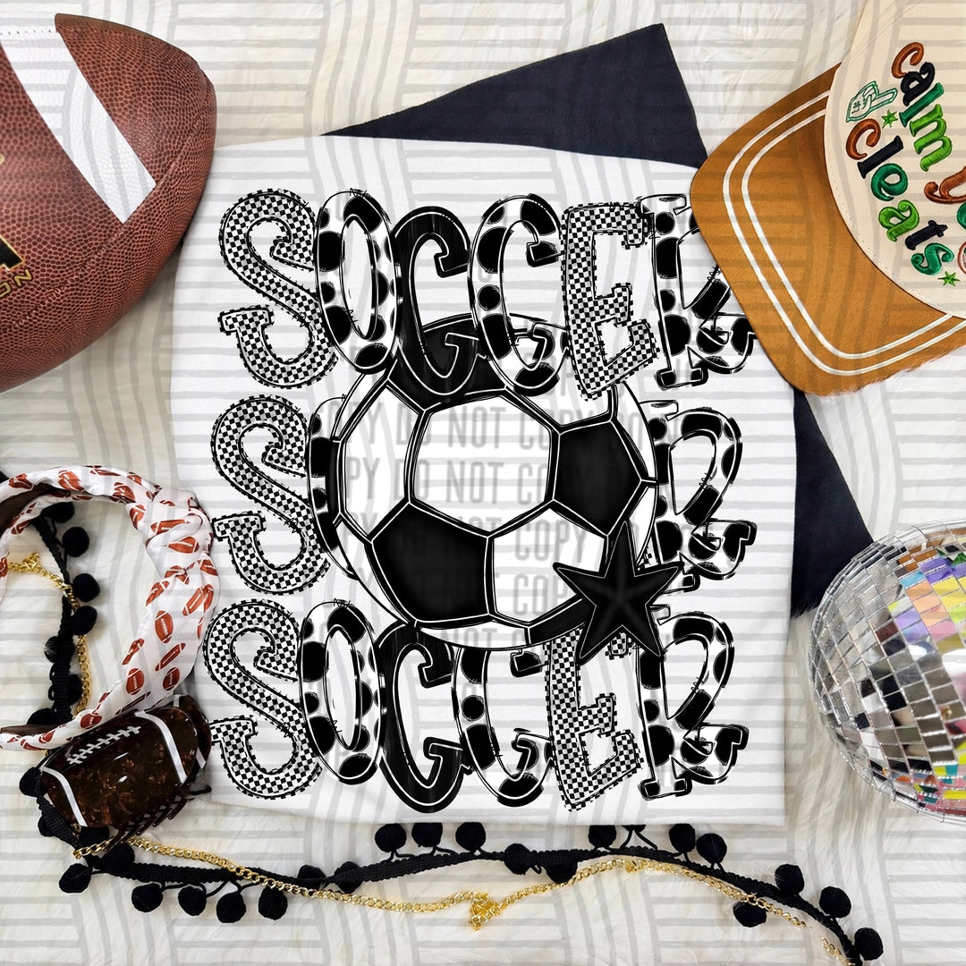 Black Tri Stacked Soccer DTF transfer on a white tee