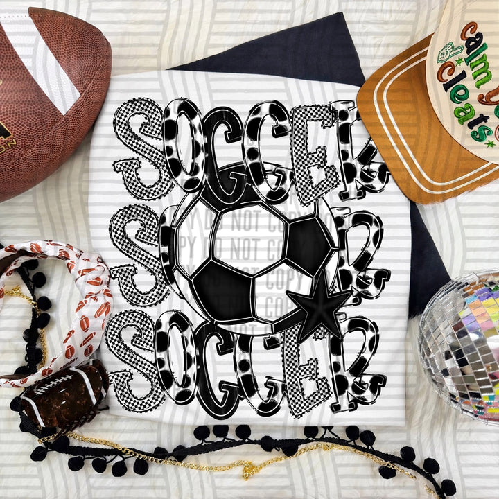 Black Tri Stacked Soccer DTF transfer on a white tee