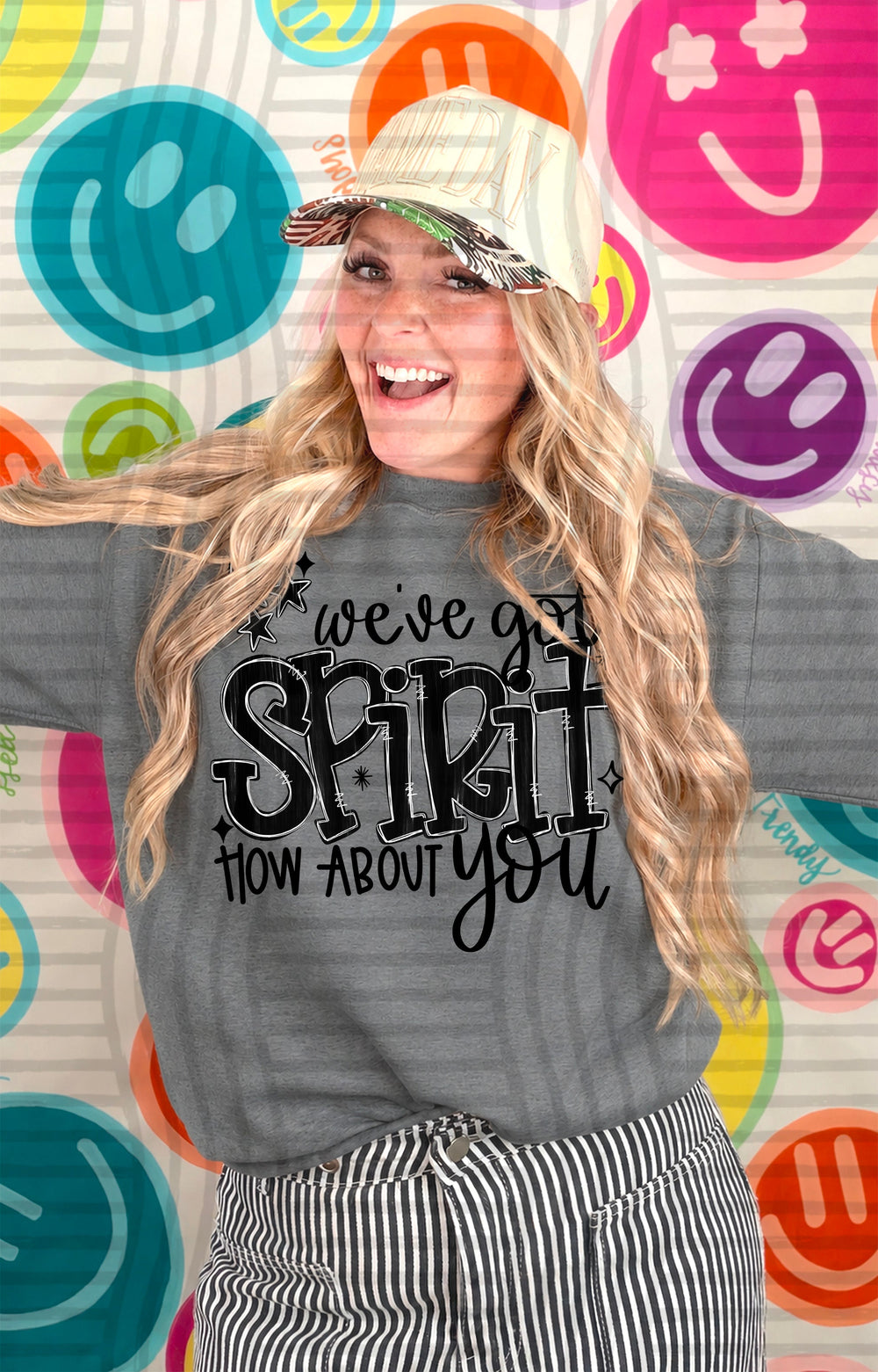 Black We’ve Got Spirit DTF transfer on a charcoal tee