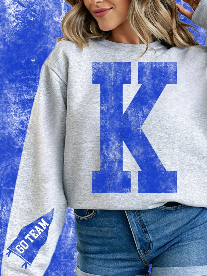 Blue K Acid Washed + Go Team Sleeve DTF transfer design