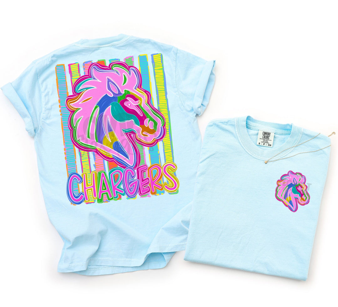 Bold and Bright Chargers front and back mascot tee mockup