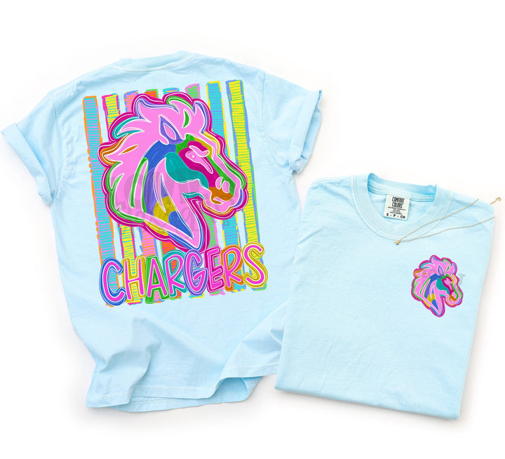 Bold and Bright Chargers front and back mascot tee mockup