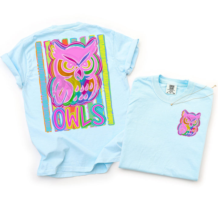 Bold and Bright Owls front and back mascot tee mockup