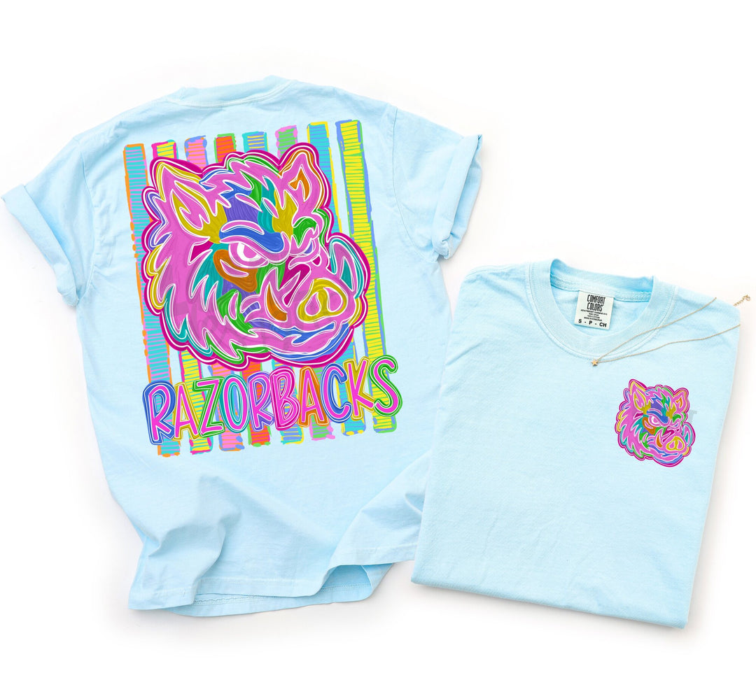 Bold and Bright Razorbacks front and back mascot tee mockup