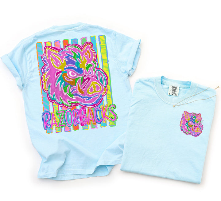 Bold and Bright Razorbacks front and back mascot tee mockup