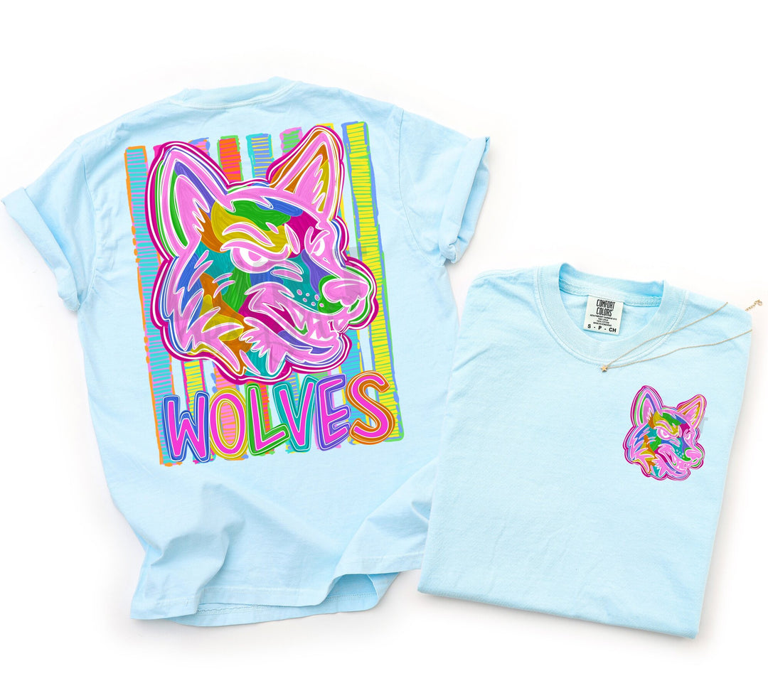 Bold and Bright Wolves front and back mascot tee mockup