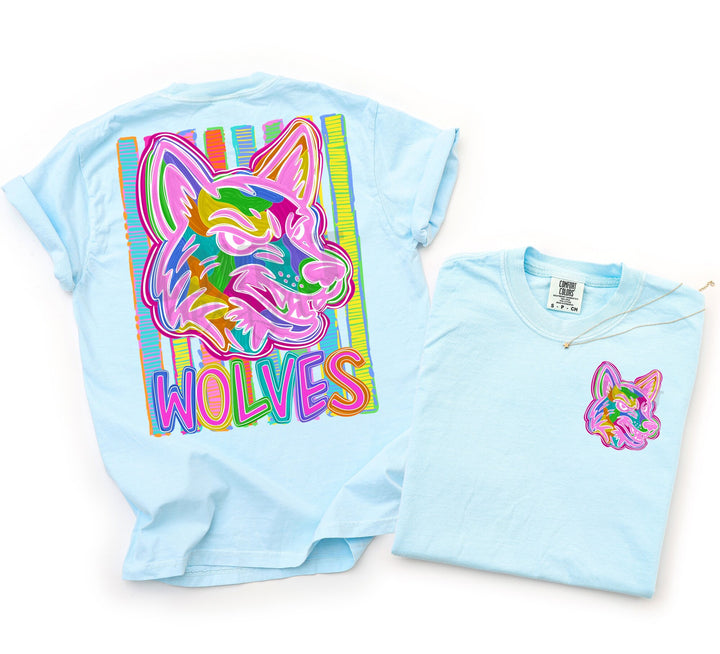 Bold and Bright Wolves front and back mascot tee mockup