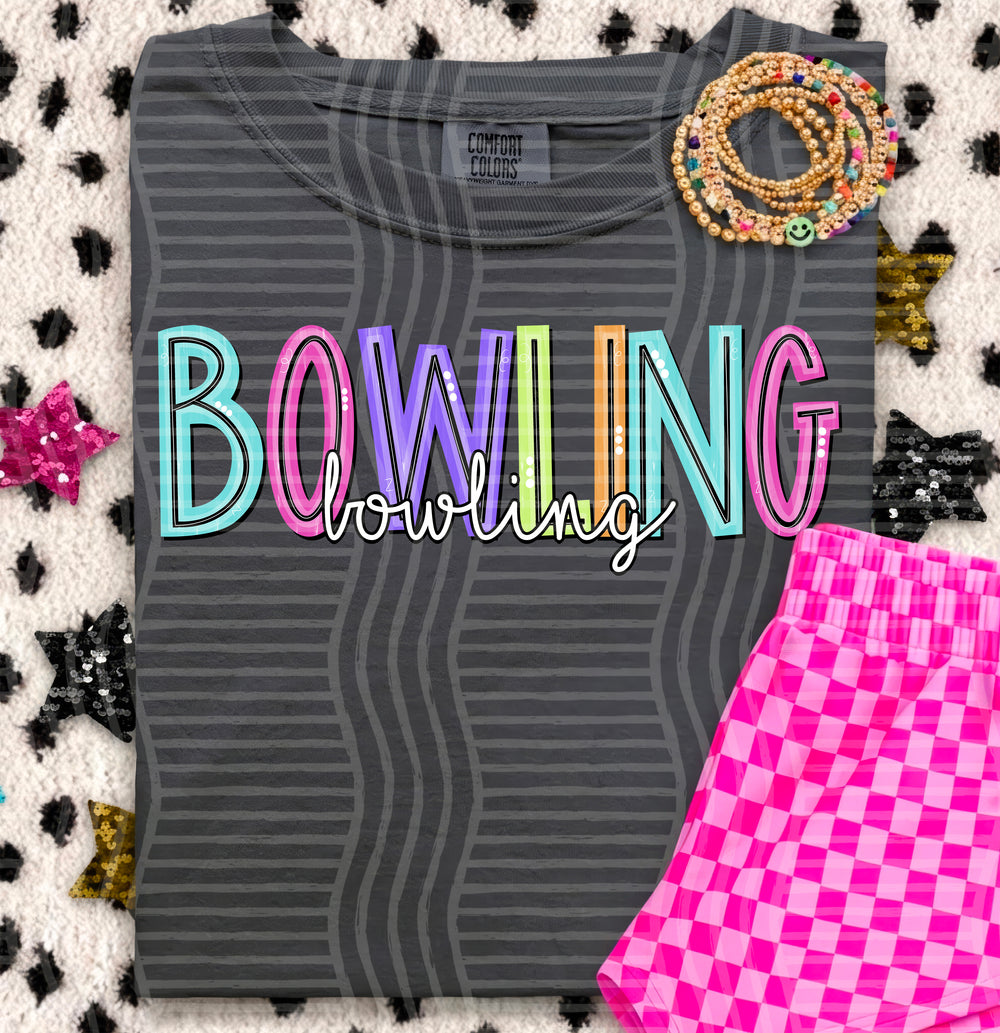 Bowling Game Day Doodles DTF transfer pressed on a tee