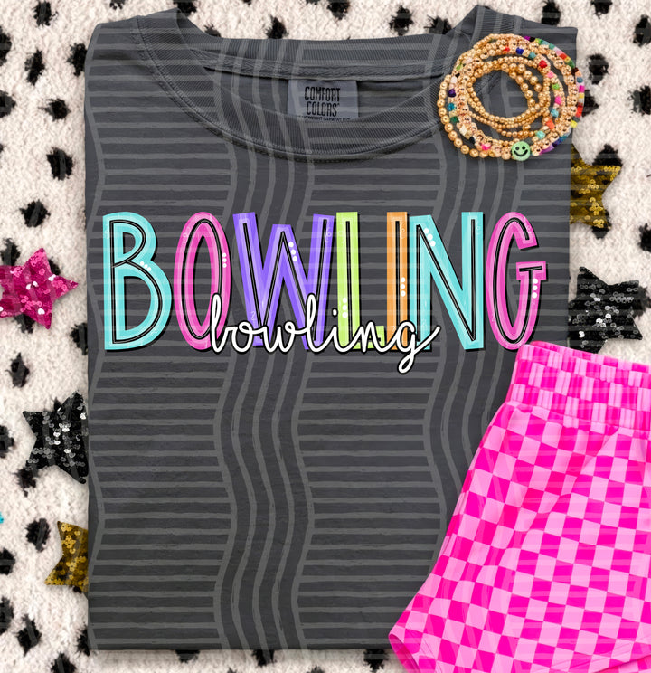 Bowling Game Day Doodles DTF transfer pressed on a tee
