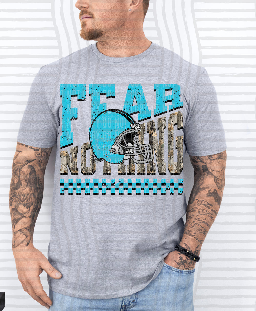 Bright Blue Fear Nothing Helmet DTF transfer pressed on a tee