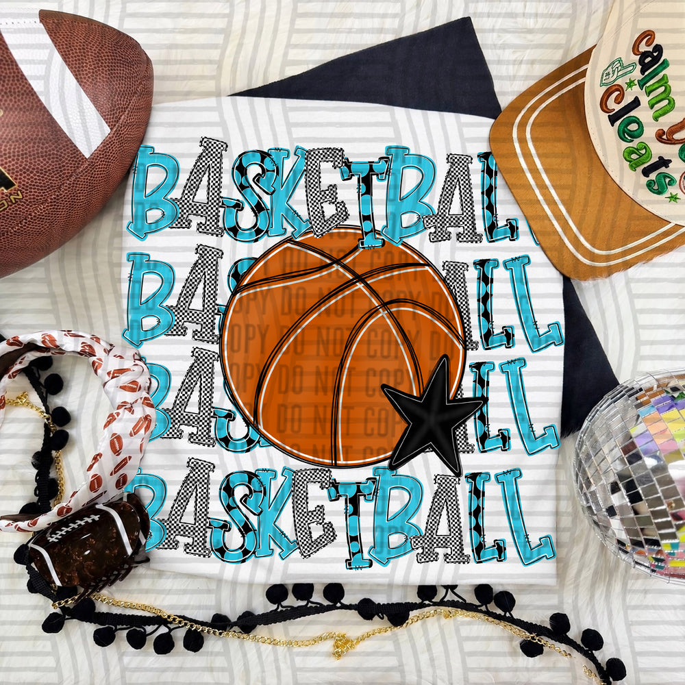 Bright Blue Quad Stacked Basketball DTF transfer on a white tee