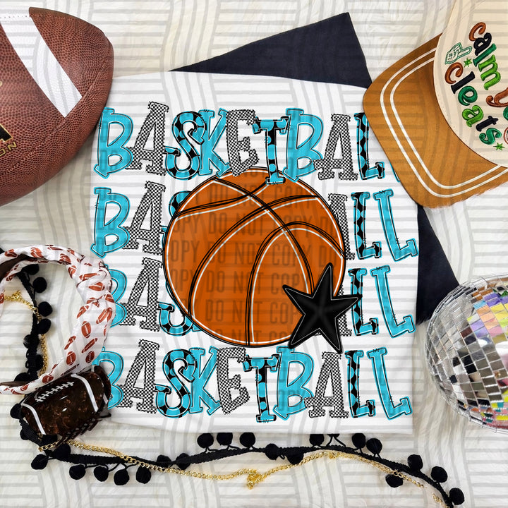 Bright Blue Quad Stacked Basketball DTF transfer on a white tee