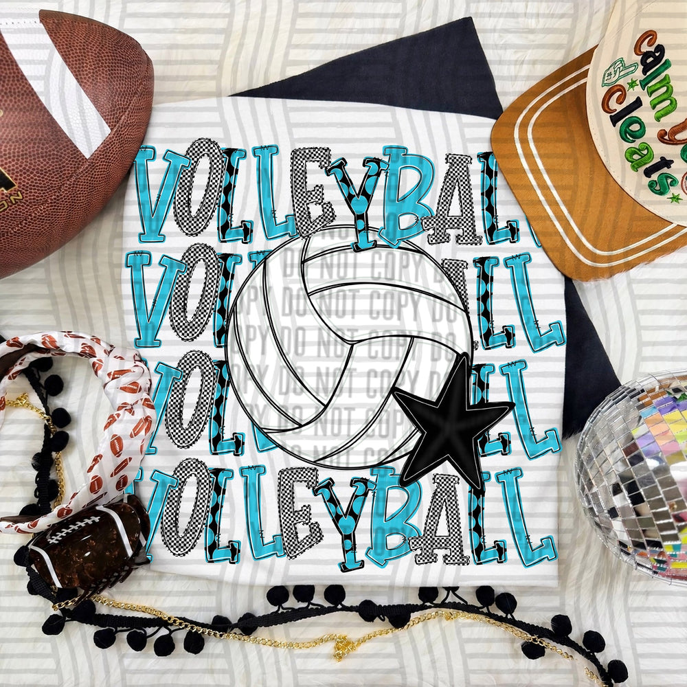 Bright Blue Quad Stacked Volleyball DTF transfer on a white tee