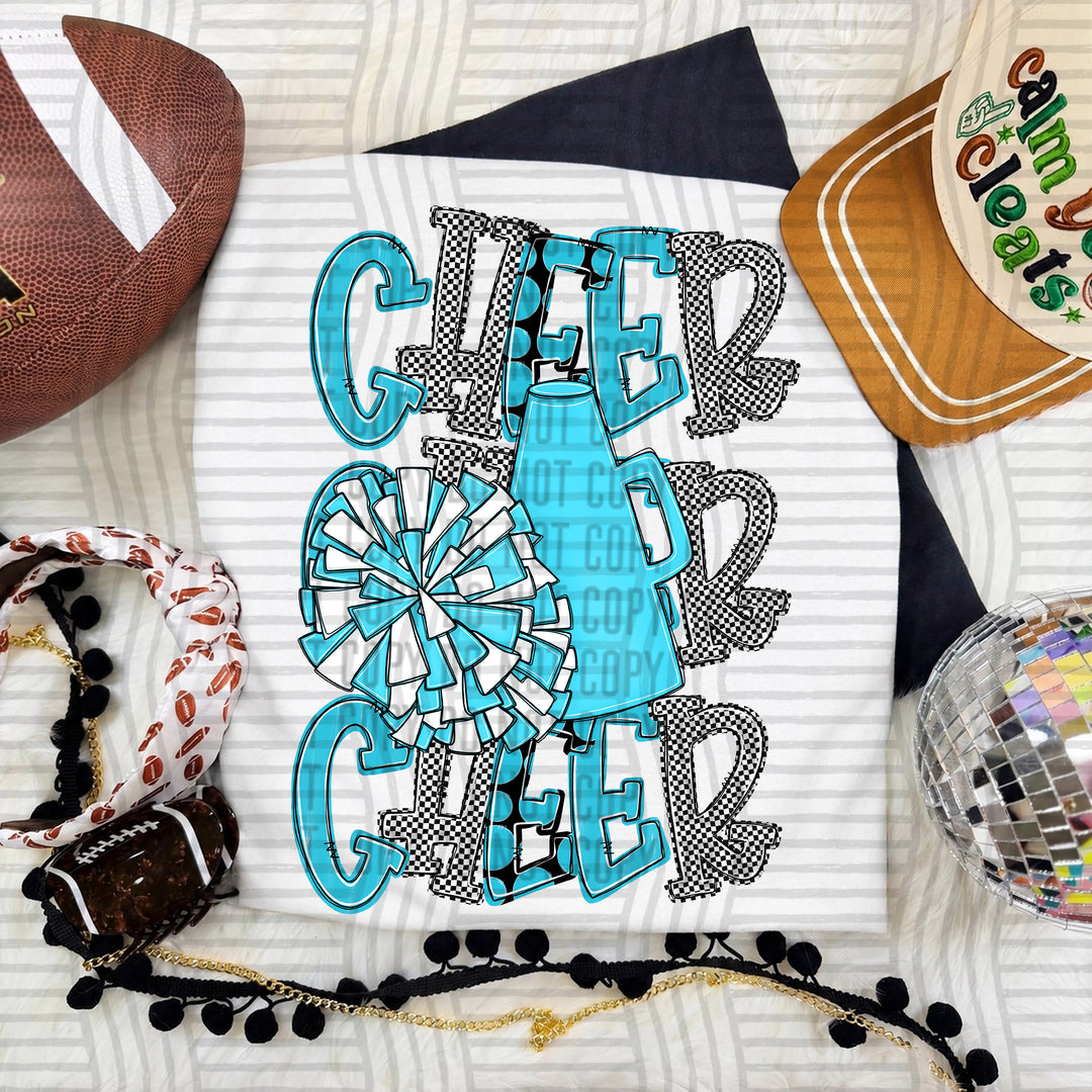 Bright Blue Tri Stacked Cheer DTF transfer on a white tee