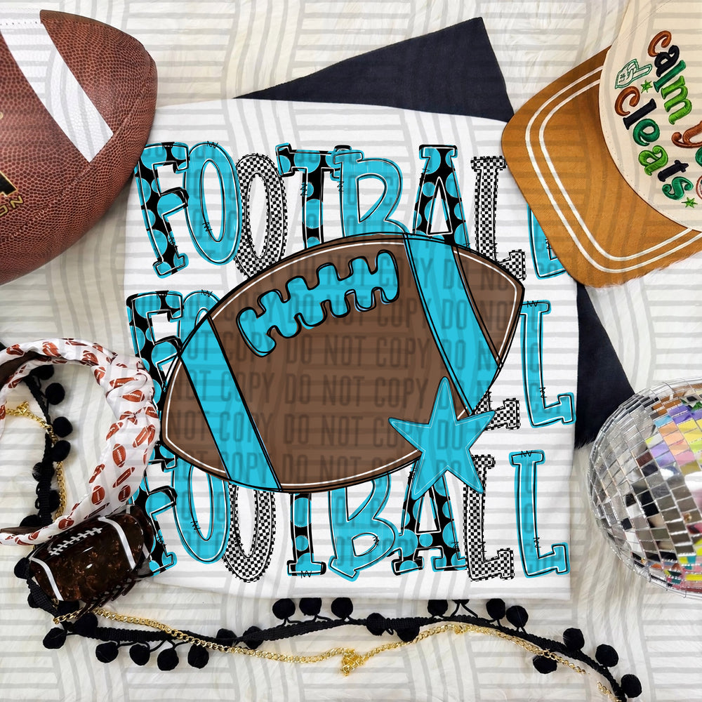 Bright Blue Tri Stacked Football DTF transfer on a white tee