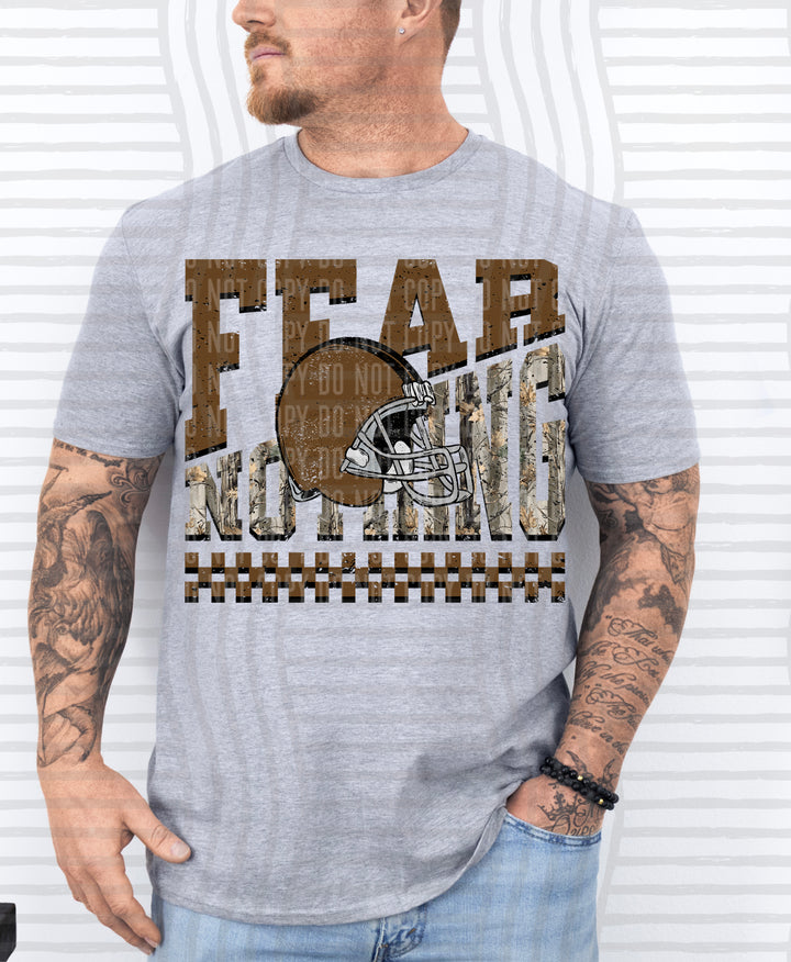 Brown Fear Nothing Helmet DTF transfer pressed on a tee