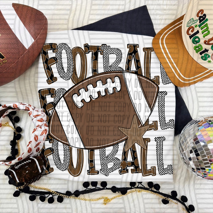 Brown Tri Stacked Football DTF transfer on a white tee