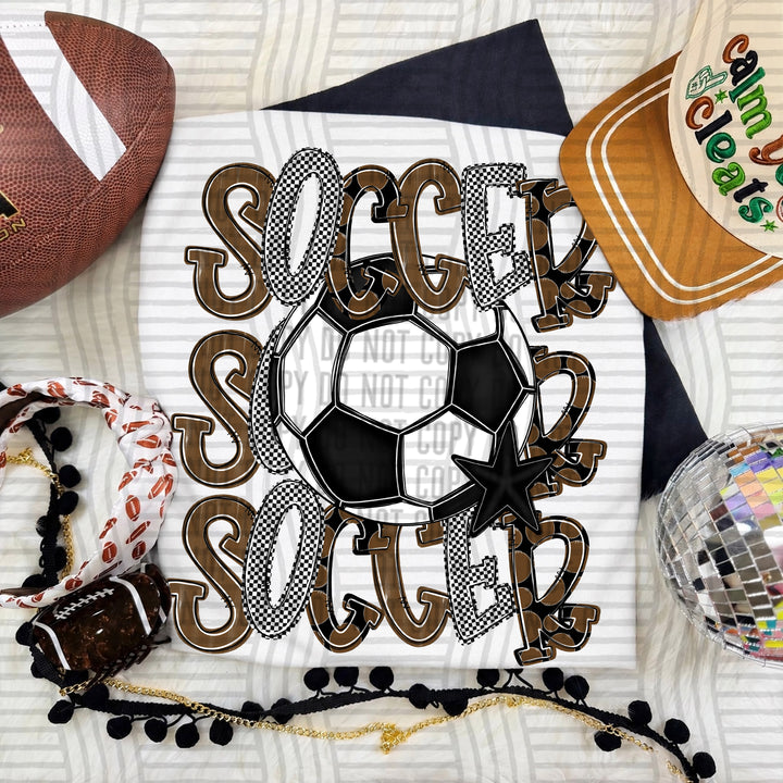 Brown Tri Stacked Soccer DTF transfer on a white tee