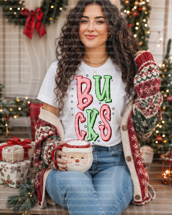 Bucks Red and Green Christmas Seersucker Mascots DTF transfer