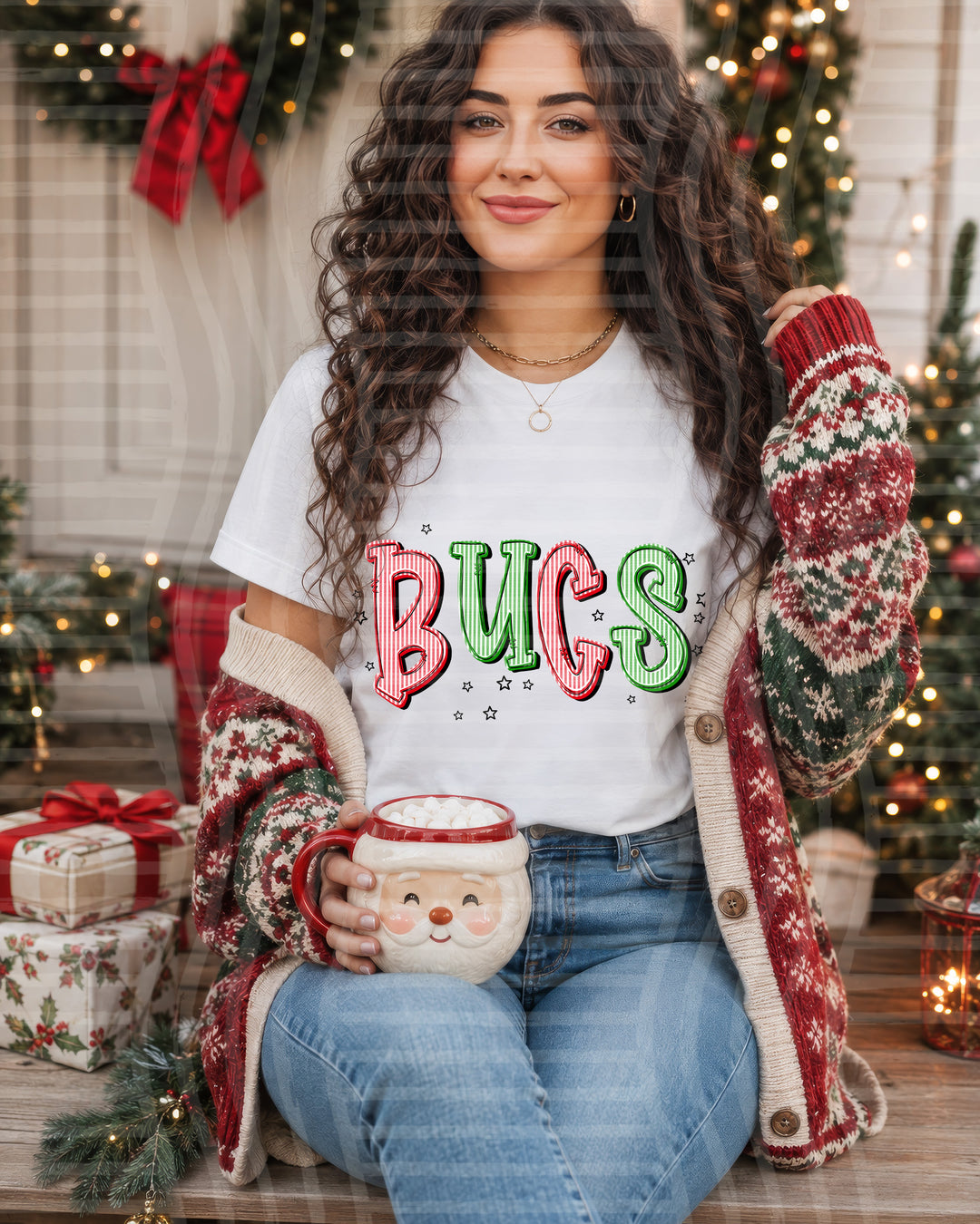 Bucs Red and Green Christmas Seersucker Mascots DTF transfer