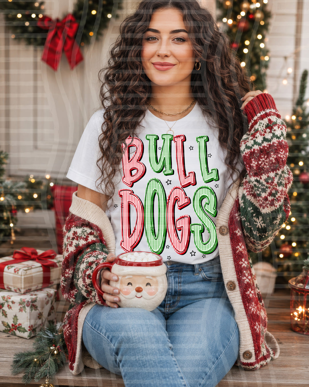 Bulldogs Red and Green Christmas Seersucker Mascots DTF transfer