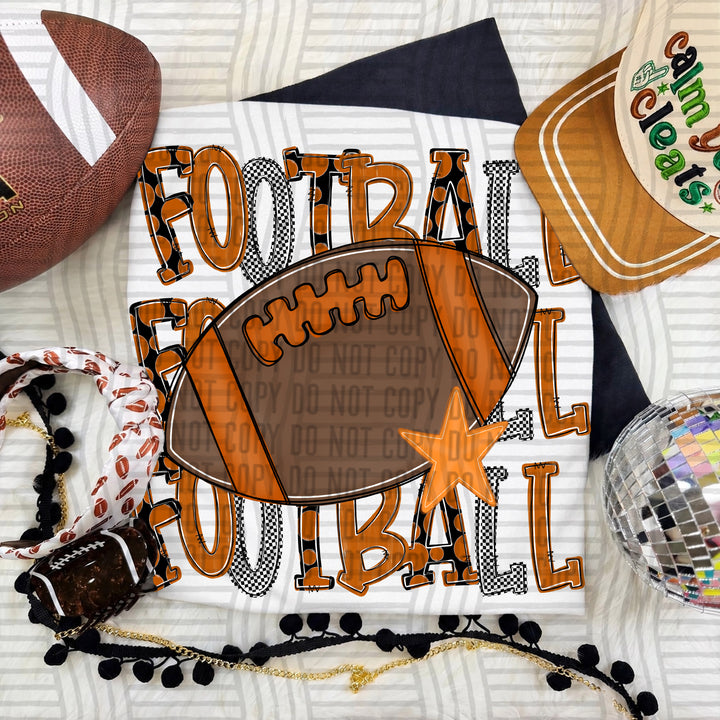 Burnt Orange Tri Stacked Football DTF transfer on a white tee